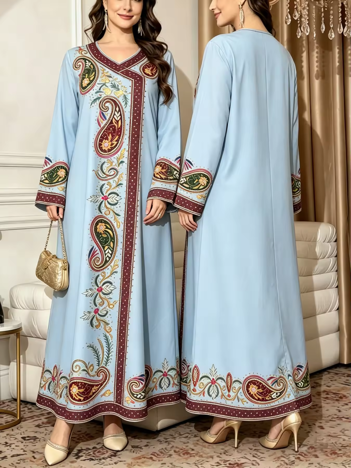 جلابية نسائي طويل الأكمام بتصميم شرق أوسطي وغربي، ...